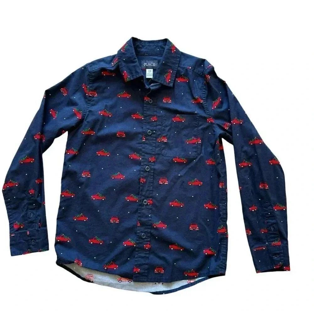 The Children’s Place Cotton Christmas Truck Poplin Button Up L (10/12) #2225